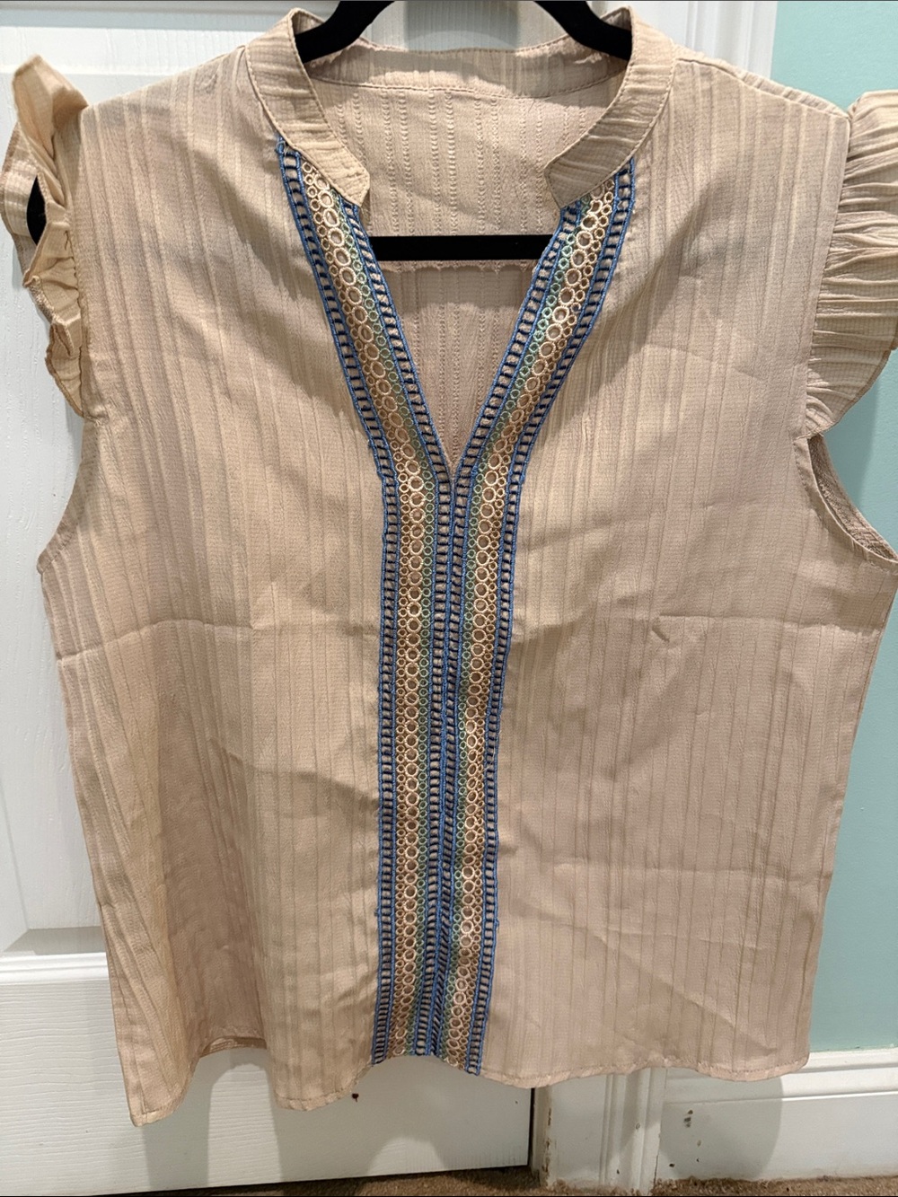 Sleeveless Embroidered Split-Neck Top - Beige